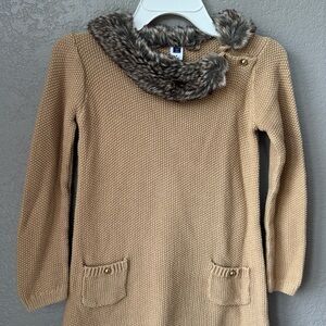 Janie and Jack Tan Knit Dress with Faux Fur Collar